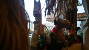 A window display with various items, including a stuffed animal and a toy horse. - Dandy Villas Bansko | Winter Nest 1 | Prv Apartm (Bansko)