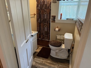 Secadora de cabello, toallas, papel de baño 