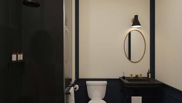 A bathroom with a toilet, a sink, and a mirror.