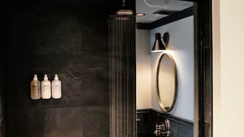 Shower, rainfall showerhead, designer toiletries, hair dryer