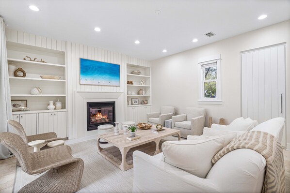 TV, fireplace, DVD player, books