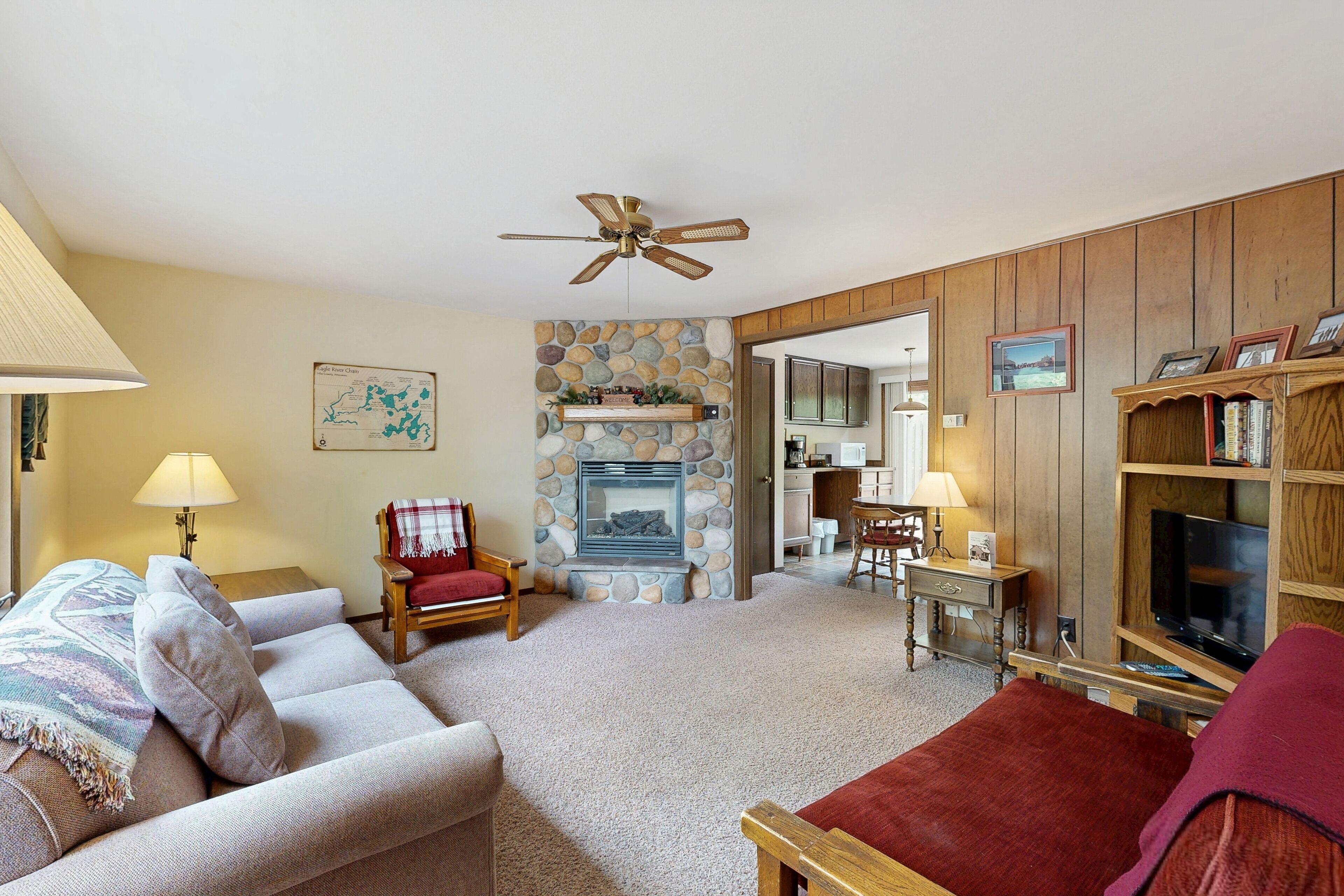 TV, fireplace, DVD player, books