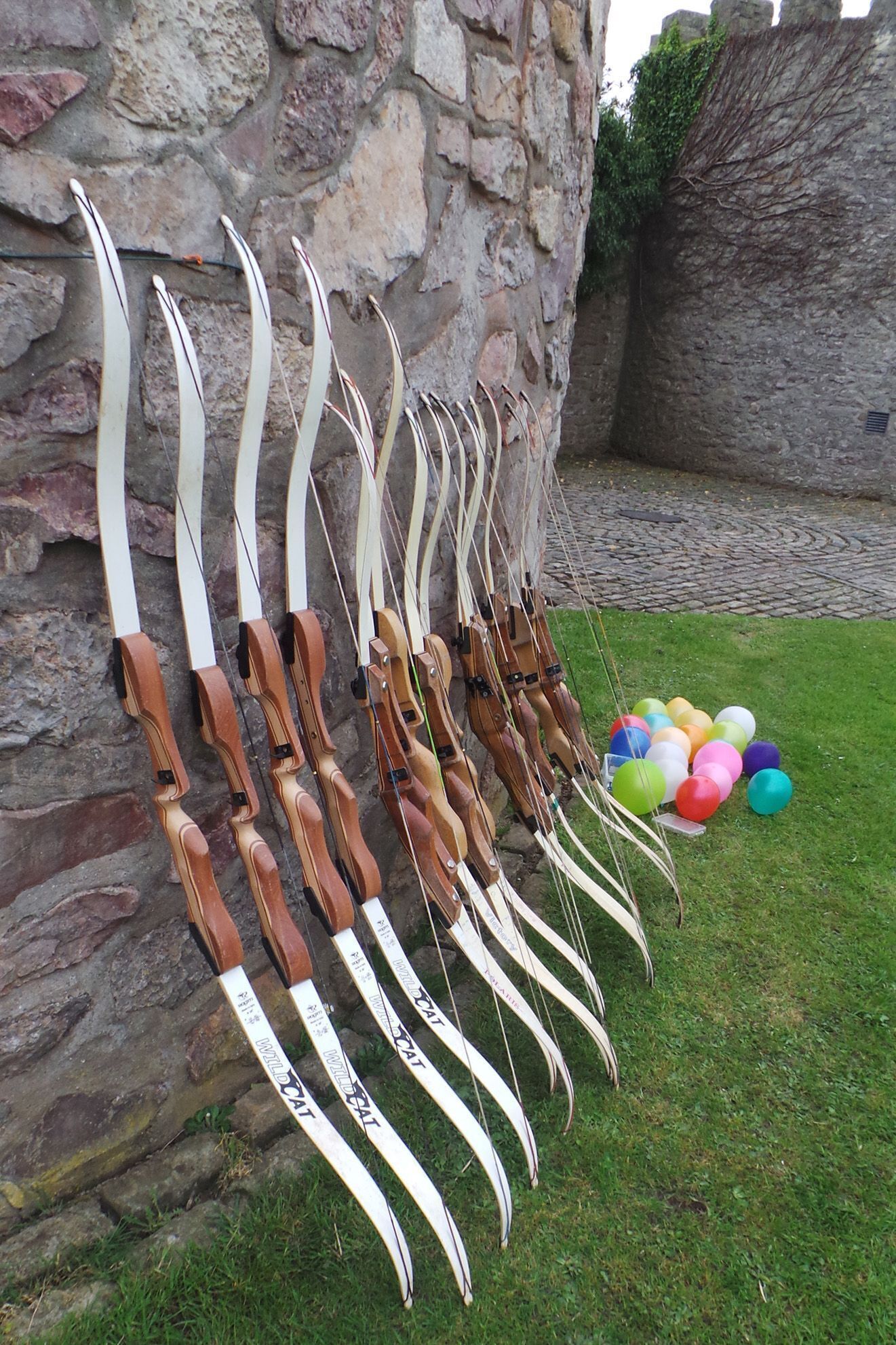 A row of wooden bows with white fletching, mounted on a stone wall outdoors.