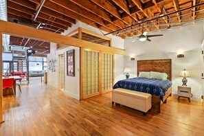 2 bedrooms, desk, blackout curtains, iron/ironing board