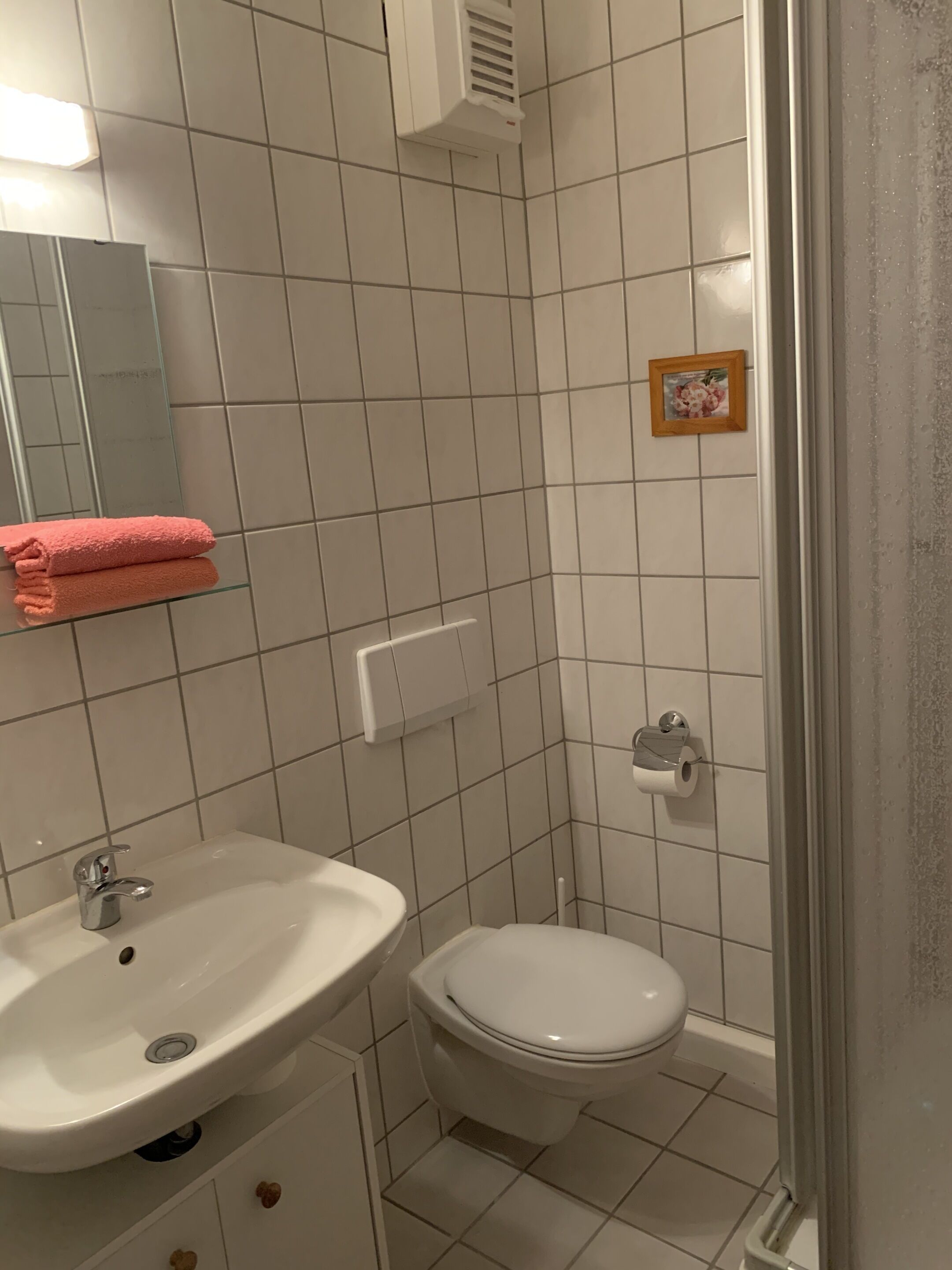 A bathroom with a sink, toilet, and a shower area.