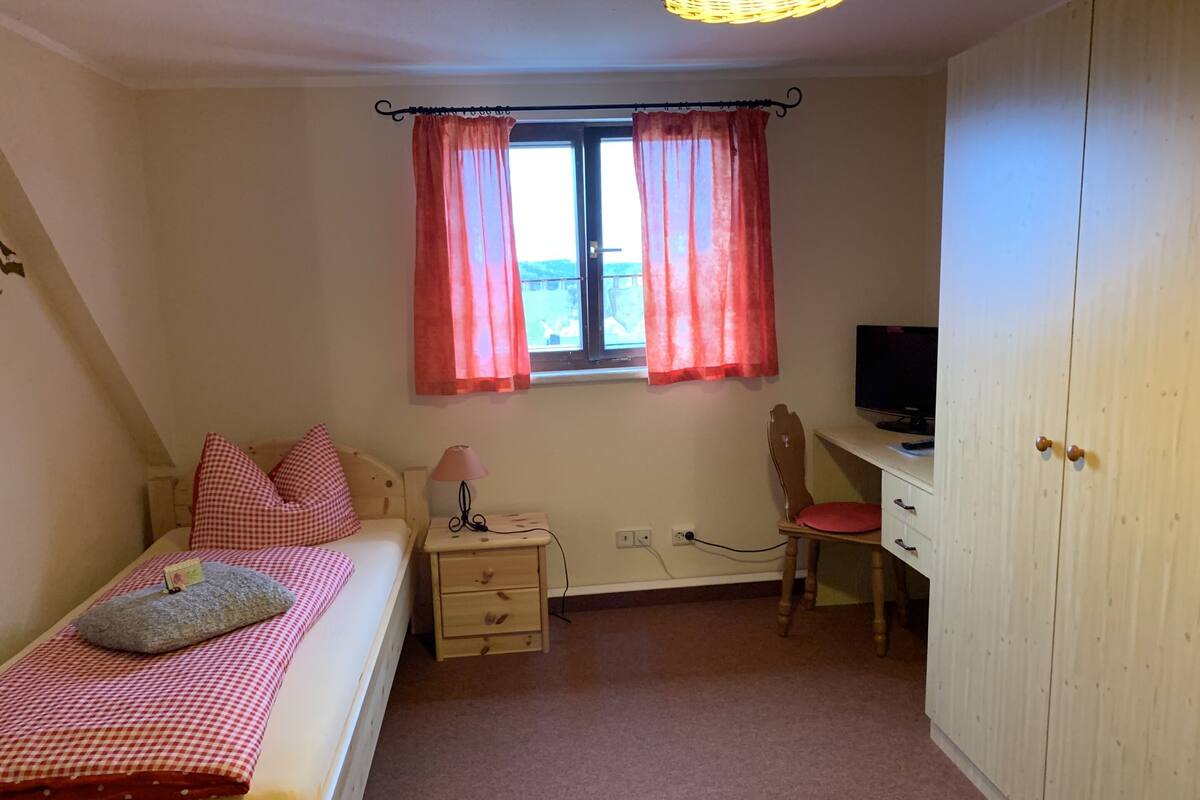 A bedroom with a bed, a desk, a chair, a TV, and a wardrobe.