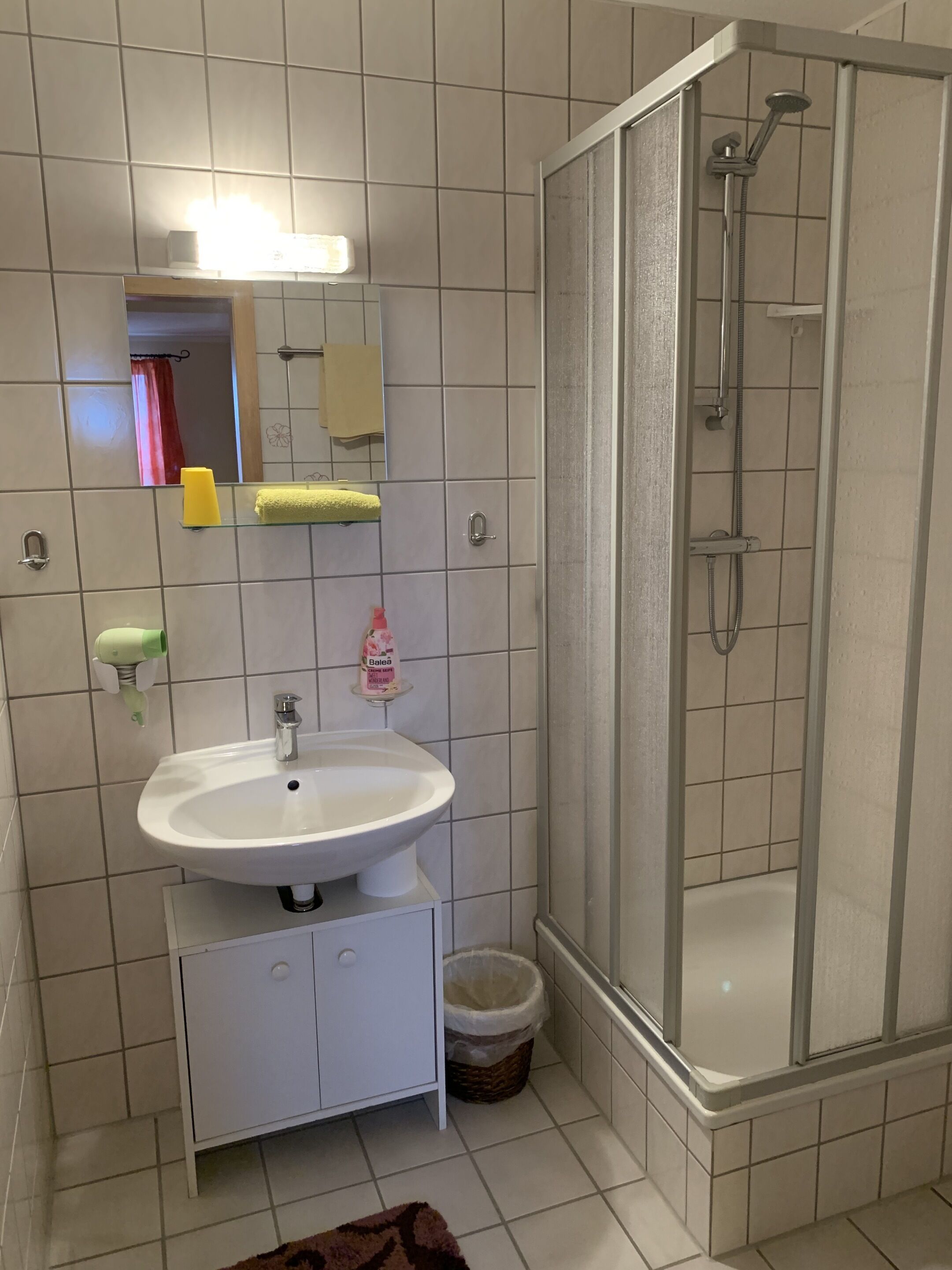A bathroom with a white sink, mirror, and shower.
