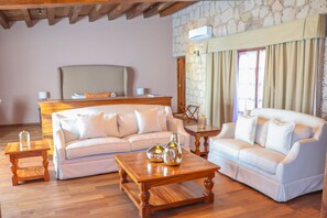 55-inch flat-screen TV with cable channels, TV, fireplace