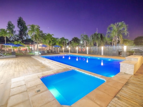 Outdoor pool, open 9:00 AM to 11:00 PM, sun loungers