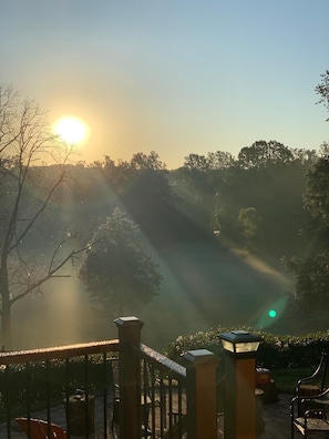 A sunrise over a forested area with a railing and a bench.