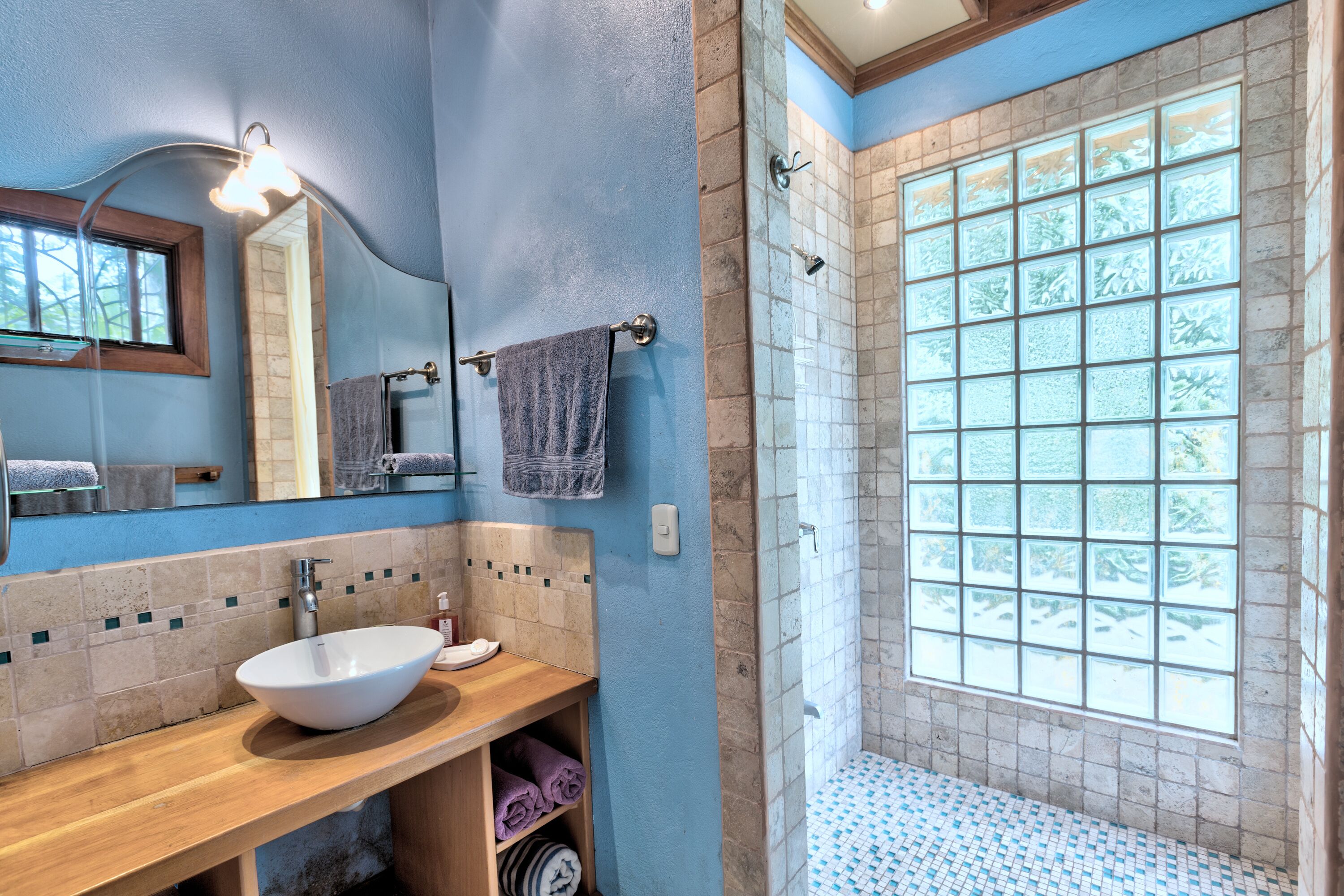 deluxe bungalow with ac, kitchen and garden view | bathroom | shower, rainfall showerhead, towels