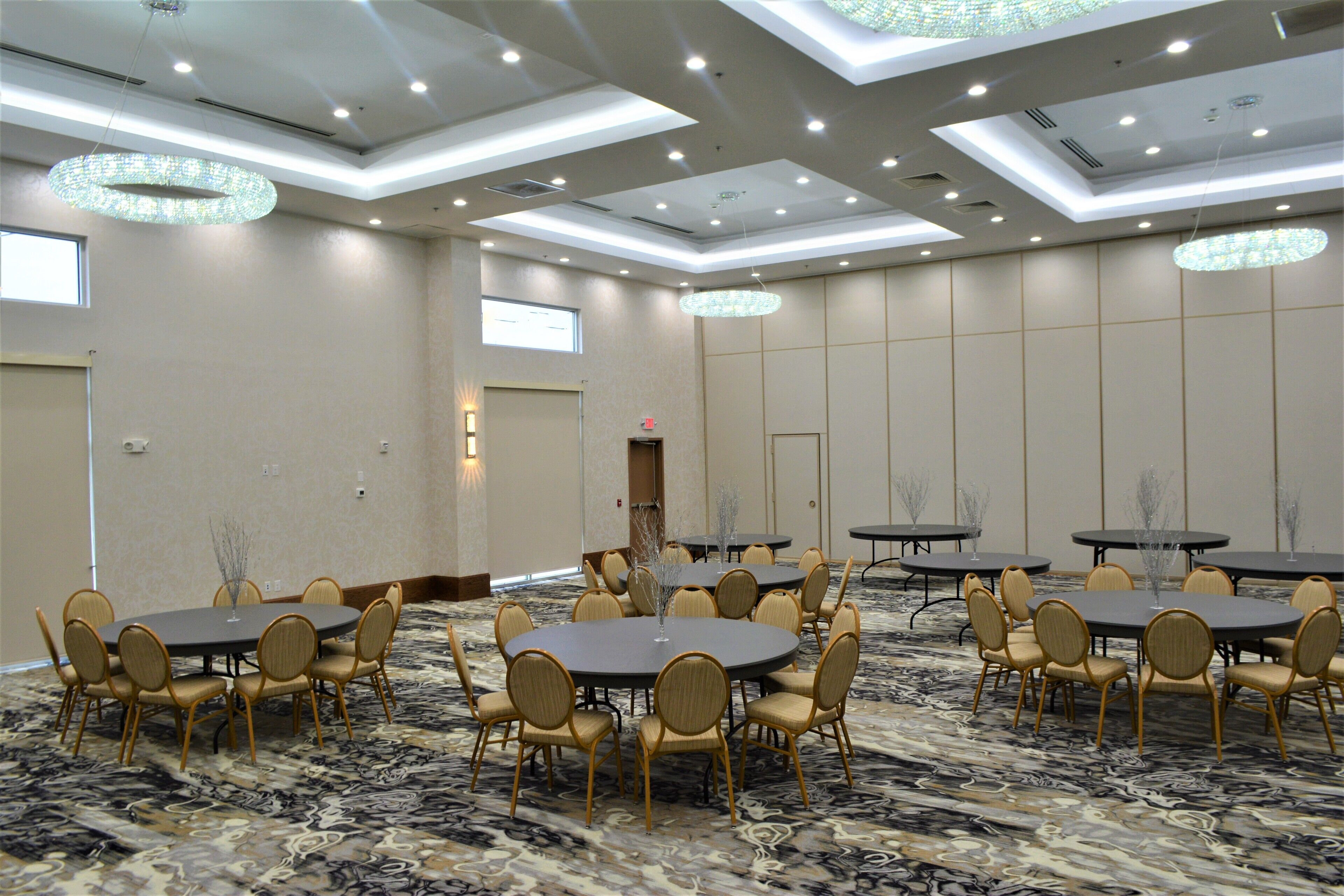 Un salón de conferencias con varias mesas redondas y sillas, una alfombra estampada y un diseño de techo moderno.