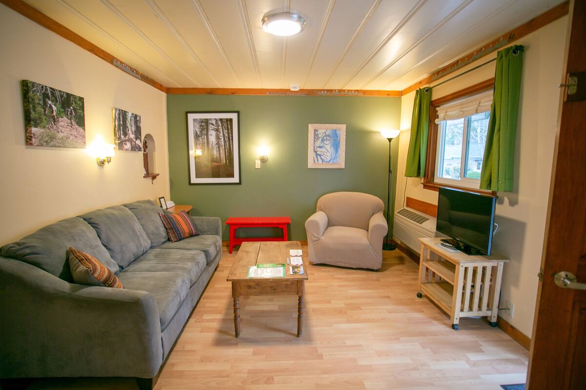 A living room with a sofa, armchair, coffee table, and a TV on a stand.
