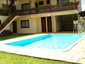 Outdoor pool, pool umbrellas, pool loungers