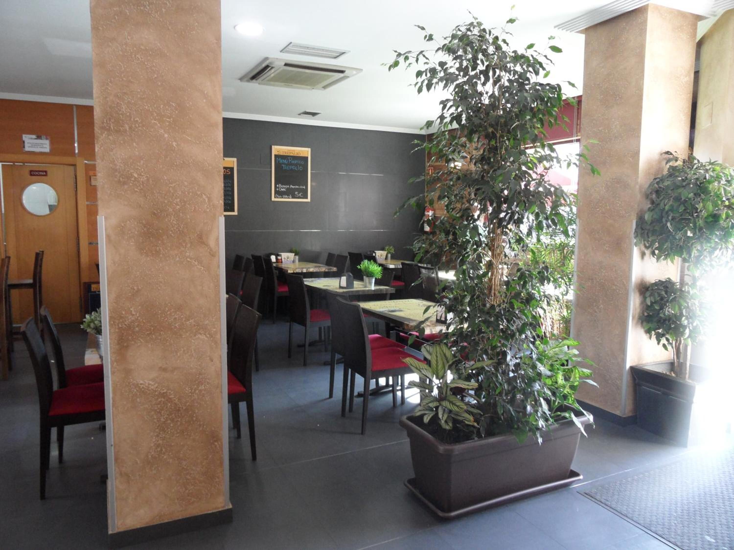 A restaurant with tables and chairs, a large potted plant, and a chalkboard menu.
