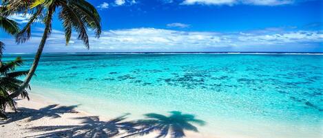 On the beach, sun loungers, beach towels