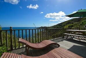 A wooden deck with a lounge chair, a picnic table, and an umbrella.