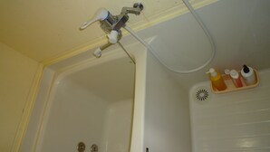 Et badeværelse med badekar, bruser og en hylde med toiletartikler.