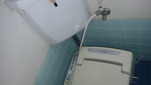 Et badeværelse med toilet, håndvask og hårtørrer.