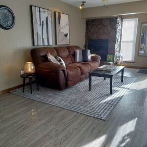 TV, fireplace, books