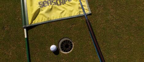 A golf flag with the word 'SENSEAPE' on a green field with a golf ball and club.