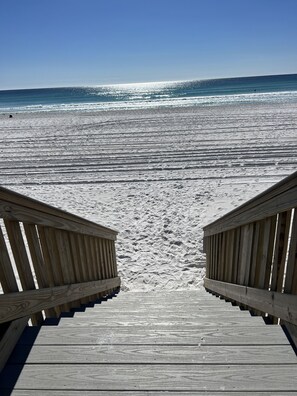 On the beach, sun-loungers