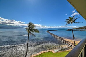 A beach view with clear skies, palm trees, and a stone wall leading to the water.