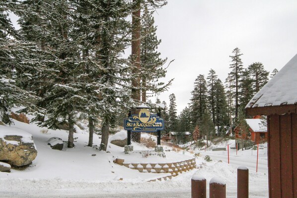 A snow-covered landscape with a sign for the Ski & Racquet Club.