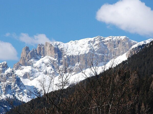 Montanha coberta de neve com picos rochosos e uma área frontal arborizada.