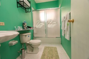 Hair dryer, towels, soap, shampoo