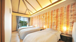 A hotel room with two beds, a wooden floor, a large window with curtains, and a wall with a textured pattern. - SUMU Villa (Nago)