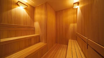 A wooden sauna with benches and wall-mounted lights.