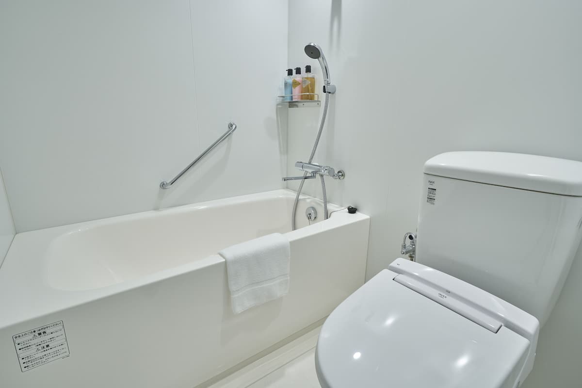 combined shower/bathtub, free toiletries, hair dryer, slippers