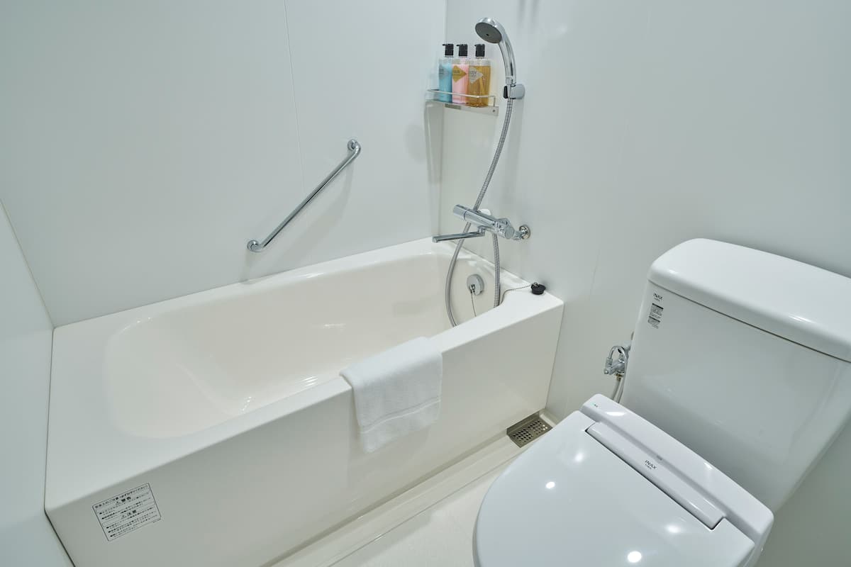 combined shower/bathtub, free toiletries, hair dryer, slippers