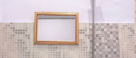 A bathroom with a sink, a shower, and a mirror with a gold frame.
