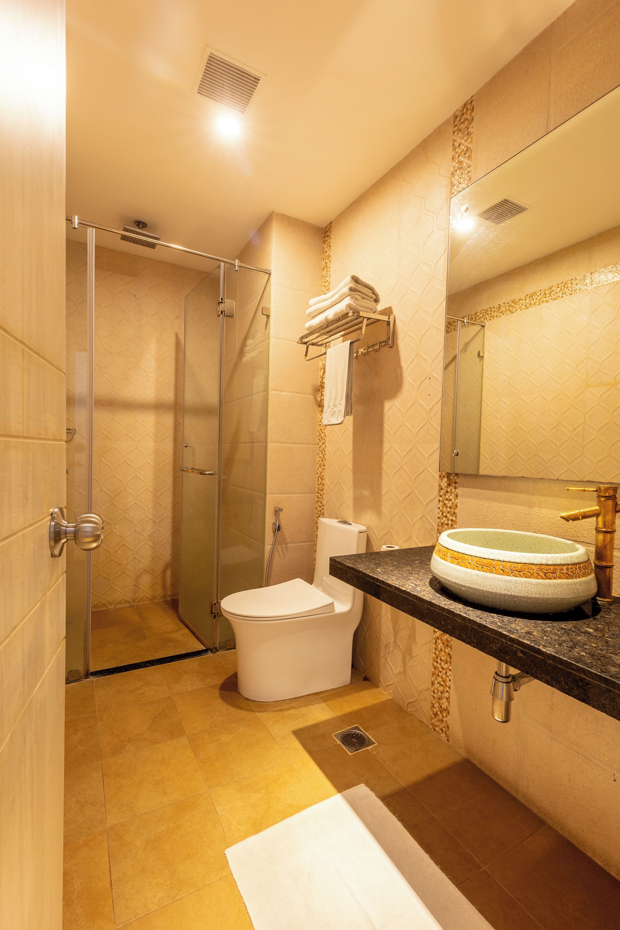 Baño con ducha acristalada, inodoro, lavamanos con grifo dorado y toallero.