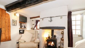 A cozy living room with a fireplace, a comfortable sofa, and a television. - Castle Lodge (Keswick)