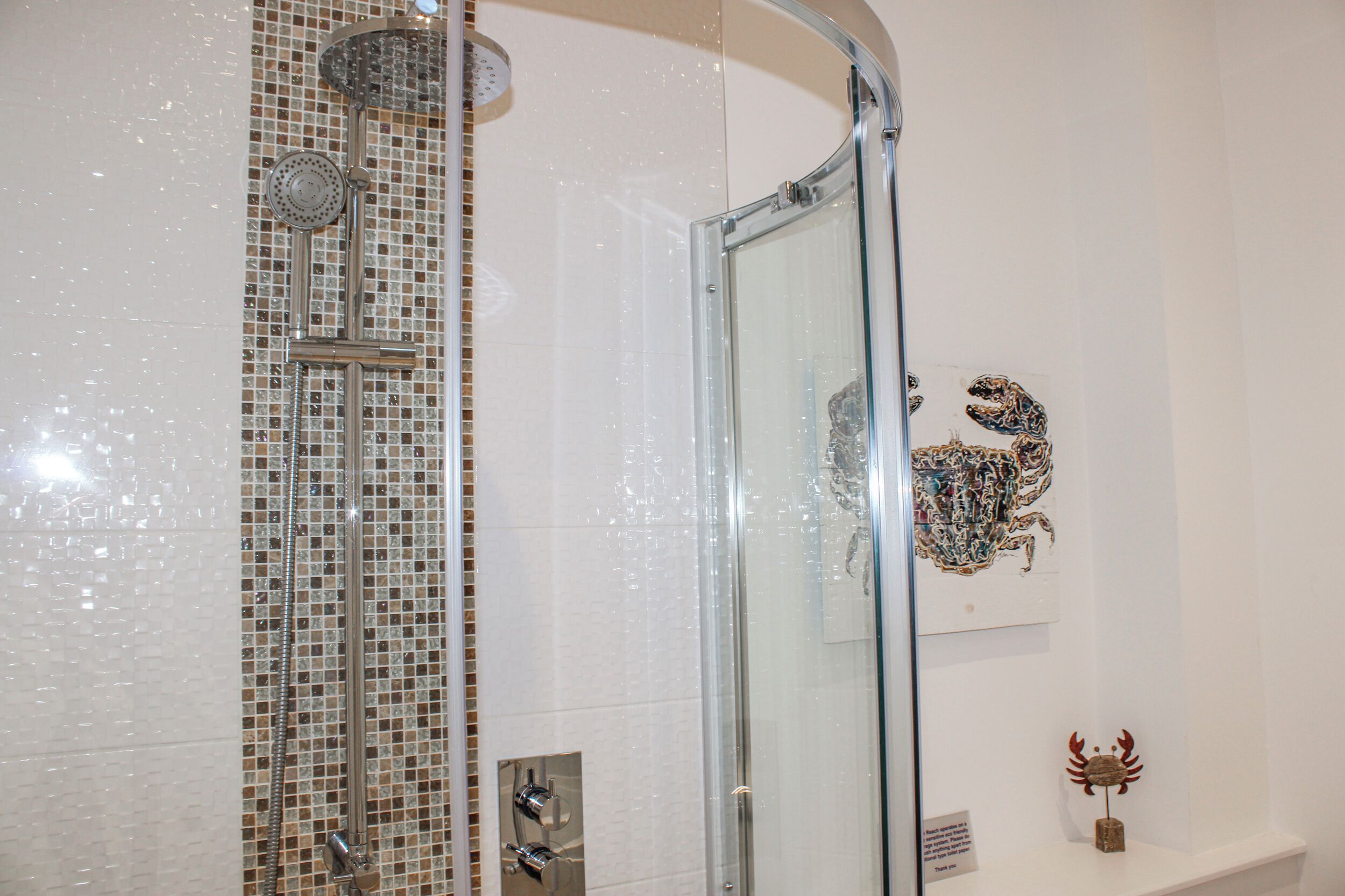A glass-enclosed shower with a mosaic tile wall and a mounted artwork of a crab.