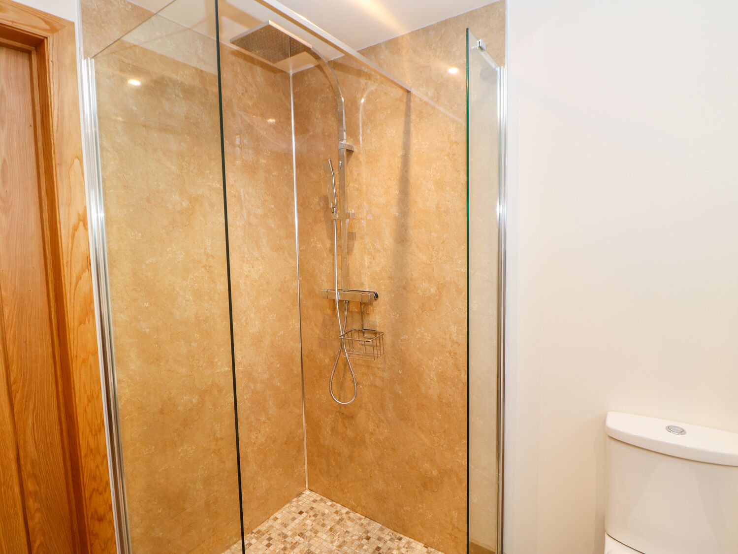 A glass-enclosed shower with a tiled floor, a glass door, and a white toilet visible to the right.