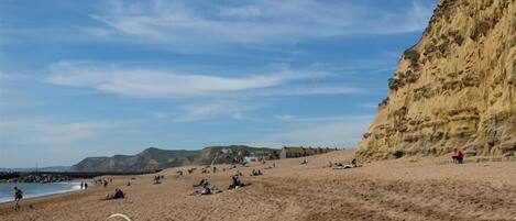 A sandy beach with a cliff on the right and a few people scattered around.