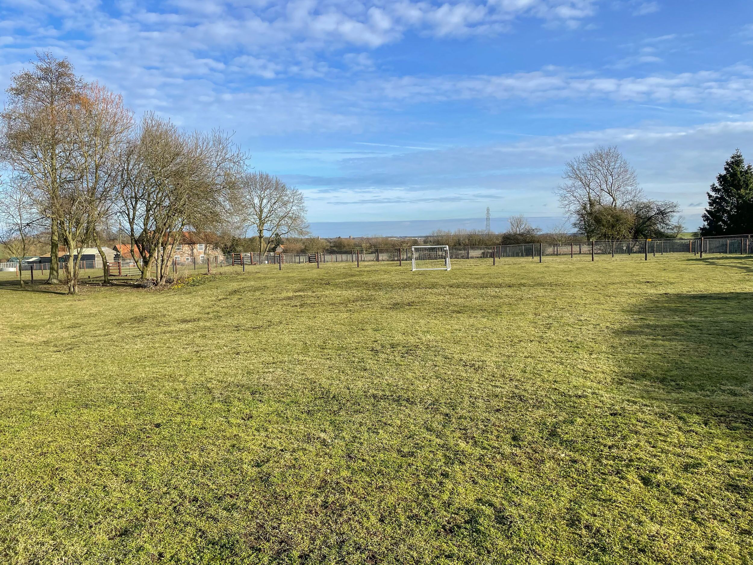 Un champ herbeux avec un but de football, des arbres et une vue lointaine sur des bâtiments.