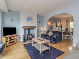 Una sala de estar con chimenea, televisor, sofá y comedor.
