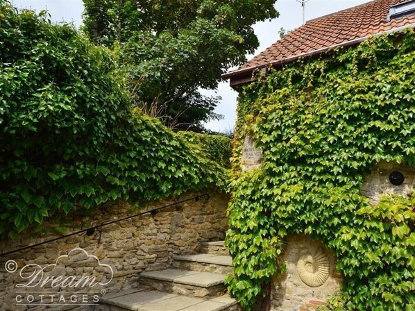 Una escalera de piedra que conduce a un edificio cubierto parcialmente de hiedra verde.
