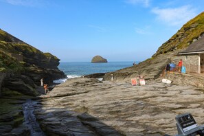 A rocky beach with a small building and a sign indicating a litter and dog waste area. - Rock House (Tintagel)