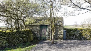 A stone building with a green door, surrounded by stone walls and trees. - 5 Ceirnioge Cottages (Betws-Y-Coed)