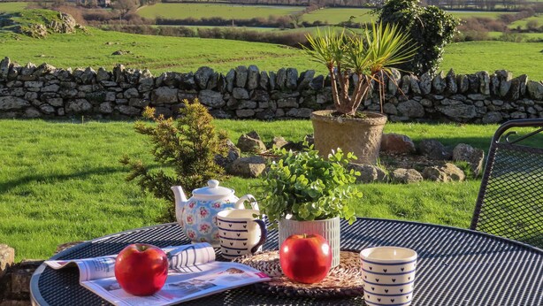 Une table dressée à l’extérieur, offrant une vue sur un champ verdoyant et des montagnes en arrière-plan.