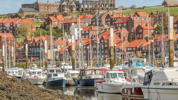 A marina with boats docked, a historic building in the background, and red-roofed houses. - Tyreman's Return (Whitby)