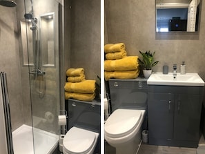 Une salle de bain moderne avec une douche à parois de verre, des toilettes blanches et un lavabo agrémenté d’une plante en pot et de serviettes.
