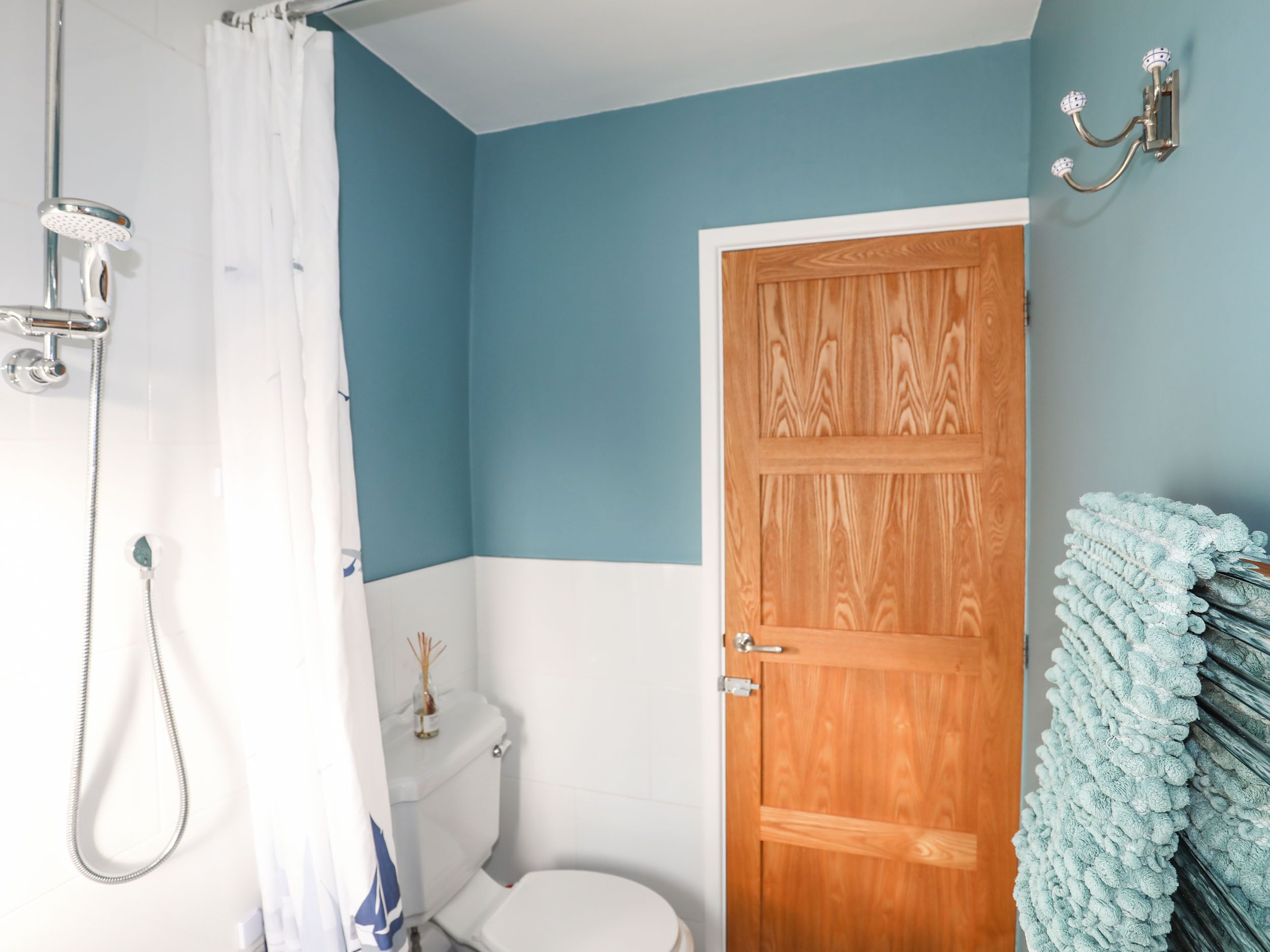 A bathroom with a shower, toilet, and a wooden door.