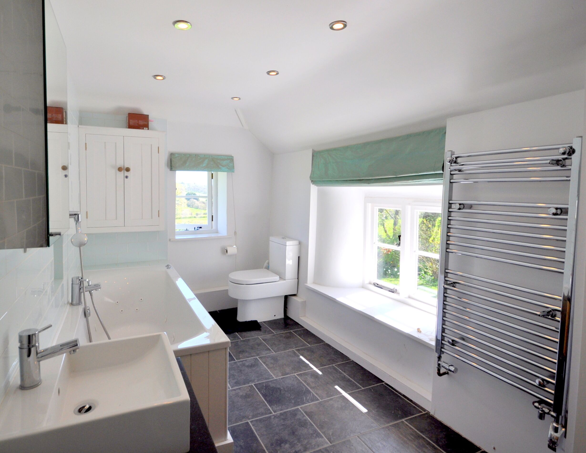 Une salle de bain avec un lavabo, des toilettes et une douche, une fenêtre avec vue et un porte-serviettes.